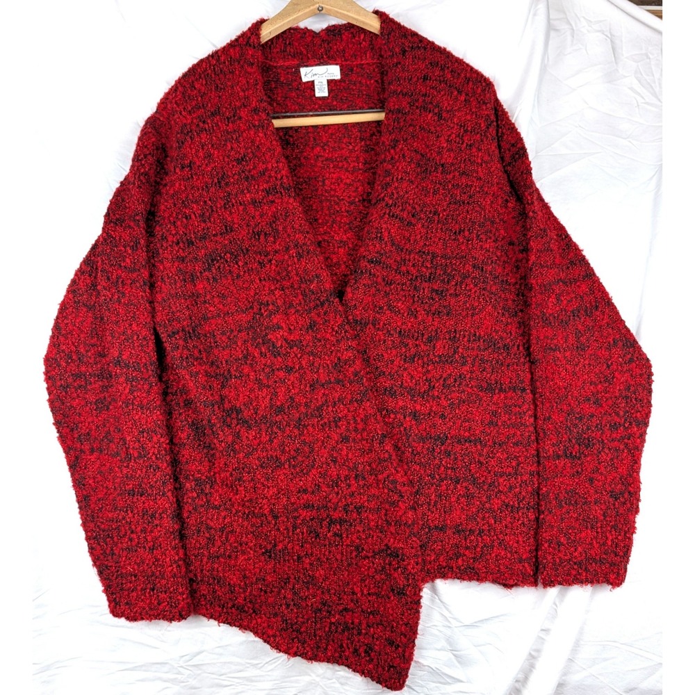 Kim Rogers Petite Red Black Marled Boucle Open Front Cardigan Sweater PXL